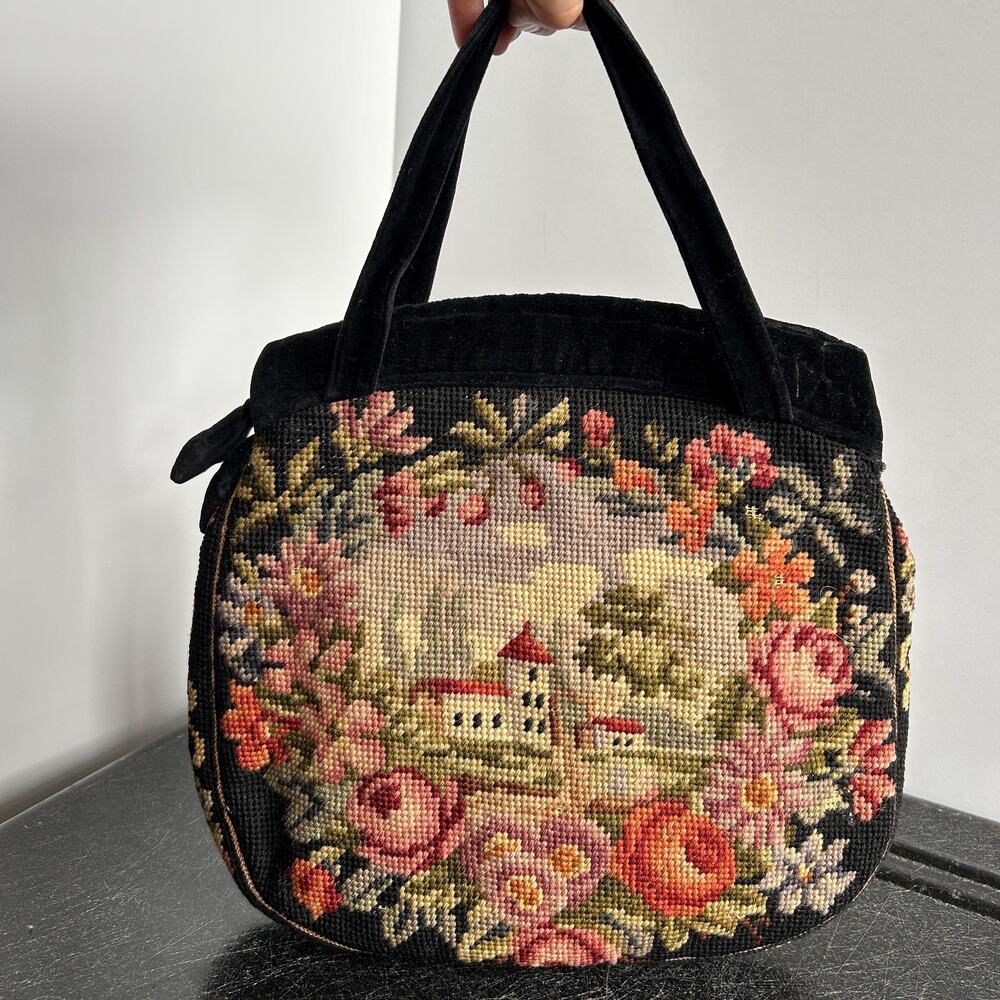 Vintage 30s/40s Large Wool Needlepoint Tapestry + Velvet Trim Handbag
